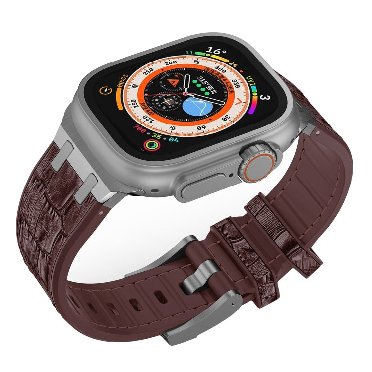 Skorter | For Apple Watch SE 2023 44mm Crocodile Texture Liquid Silicone Watch Band (Silver Dark Brown)