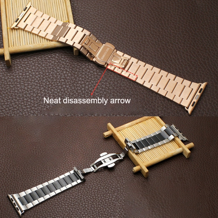 Skorter | For Apple Watch SE 2023 44 mm Three-Pearl Butterfly Buckle Metal Watch Band (Black)