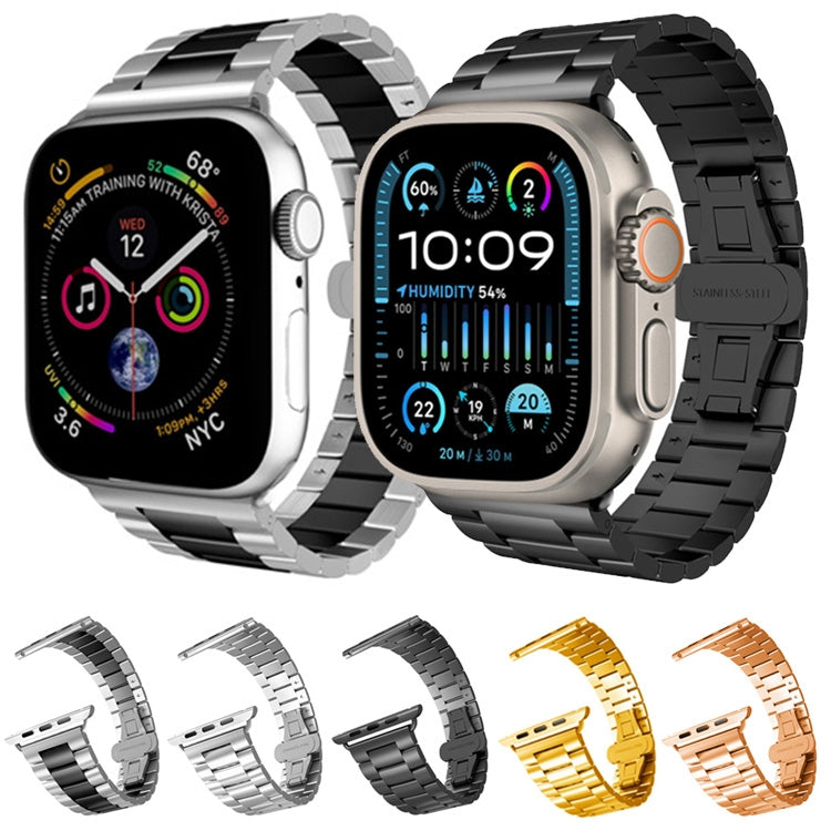 Skorter | For Apple Watch SE 2023 44 mm Three-Pearl Butterfly Buckle Metal Watch Band (Black)