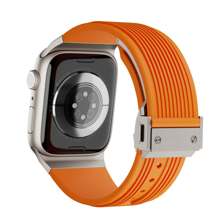 Skorter | For Apple Watch SE 2023 44 mm Vertical Texture Titanium Buckle Elastic Silicone Band (Orange)