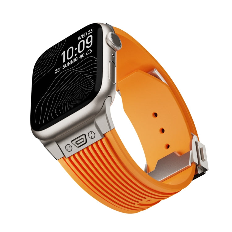 Skorter | For Apple Watch SE 2023 44 mm Vertical Texture Titanium Buckle Elastic Silicone Band (Orange)