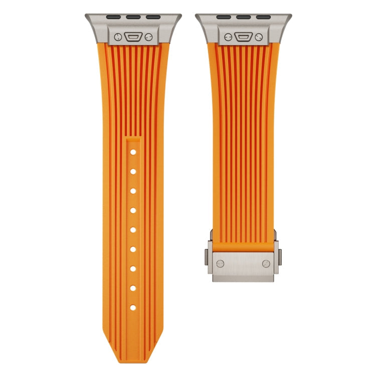 Skorter | For Apple Watch SE 2023 44 mm Vertical Texture Titanium Buckle Elastic Silicone Band (Orange)