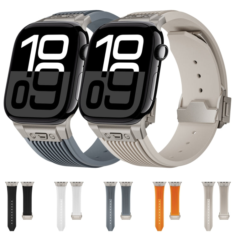 Skorter | For Apple Watch SE 2023 44 mm Vertical Texture Titanium Buckle Elastic Silicone Band (Orange)