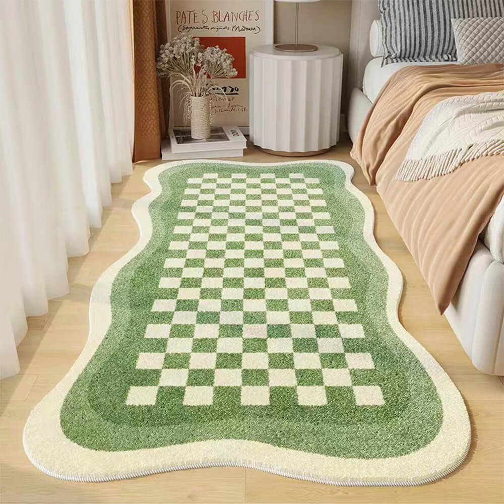 Skorter | Faux Cashmere Checkered Cozy Nightstand Rug Irregular Shape Rug