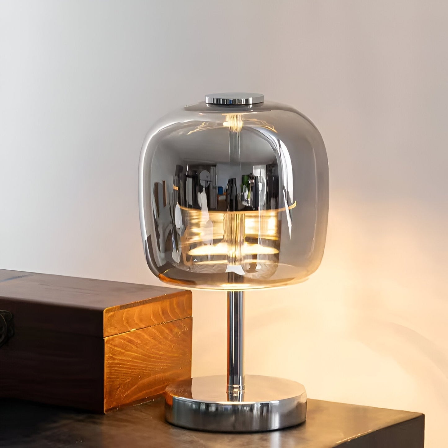 Skorter | Gleam Glass Table Lamp – Smoky Grey USB-Powered Dimmable LED Light for Bedroom & Desk