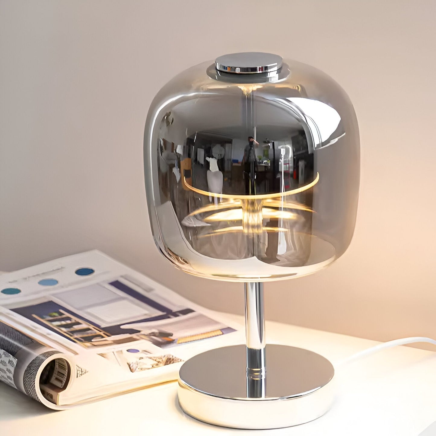Skorter | Gleam Glass Table Lamp – Smoky Grey USB-Powered Dimmable LED Light for Bedroom & Desk