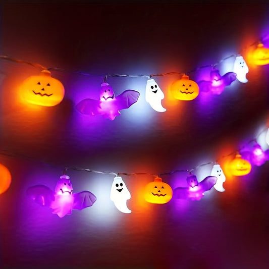 Skorter | Halloween Pumpkin String Lights with Ghosts and Bats – Battery Operated LED Décor