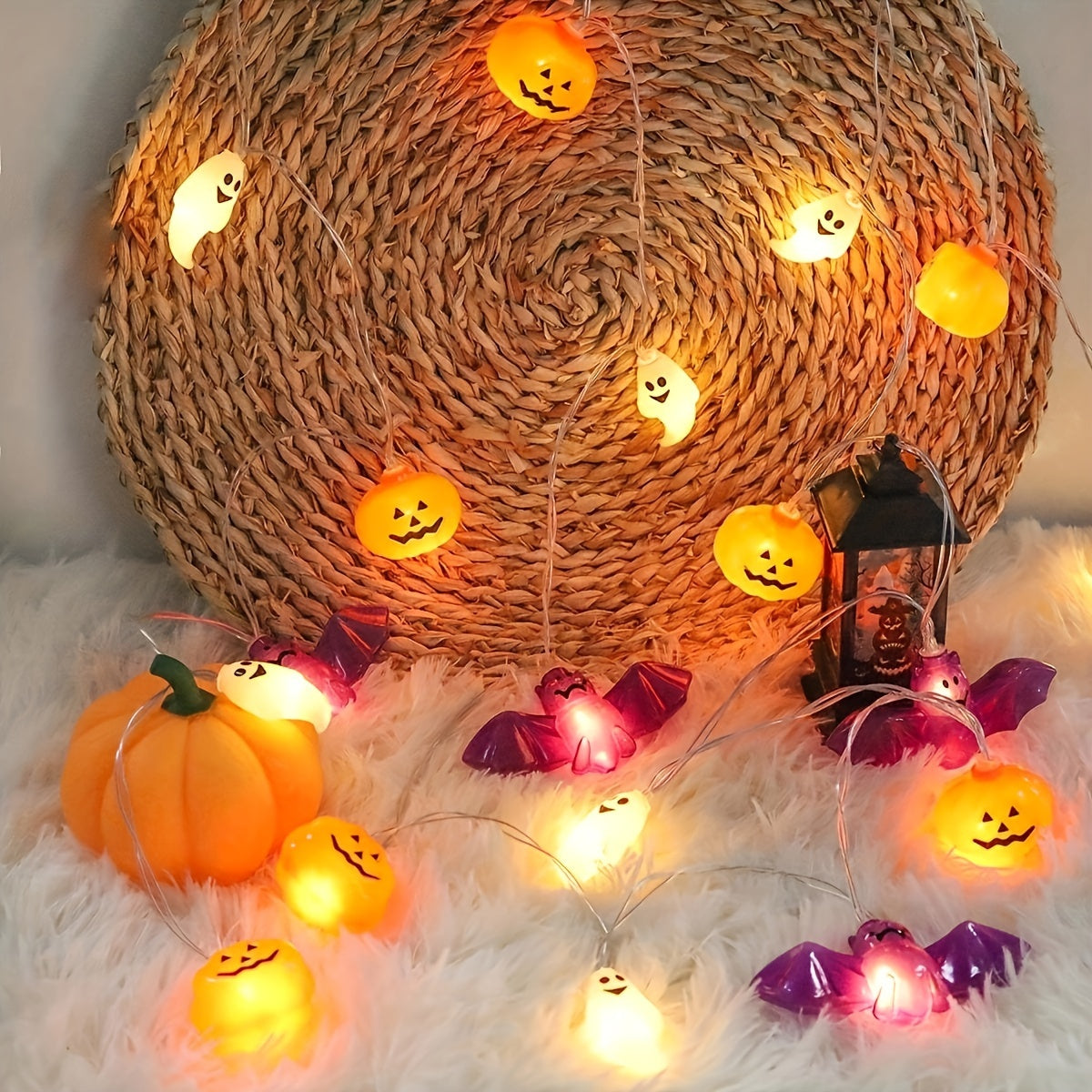 Skorter | Halloween Pumpkin String Lights with Ghosts and Bats – Battery Operated LED Décor