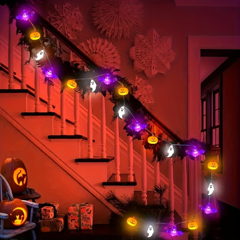 Skorter | Halloween Pumpkin String Lights with Ghosts and Bats – Battery Operated LED Décor