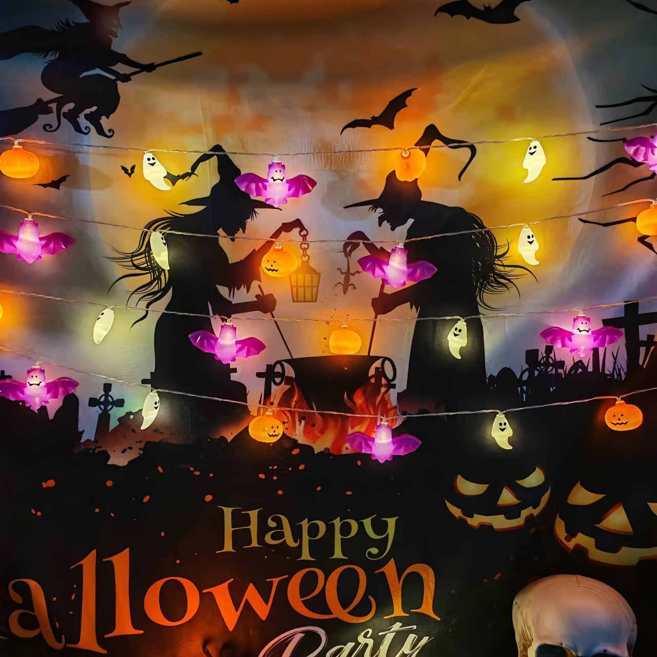 Skorter | Halloween Pumpkin String Lights with Ghosts and Bats – Battery Operated LED Décor