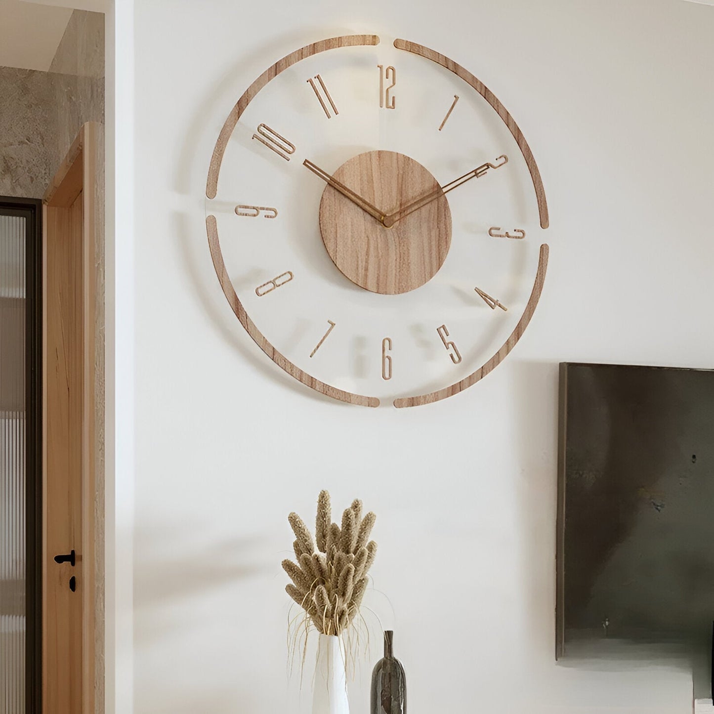 Skorter | ClearWood Transparent Wall Clock – Silent Quartz with Wooden Details