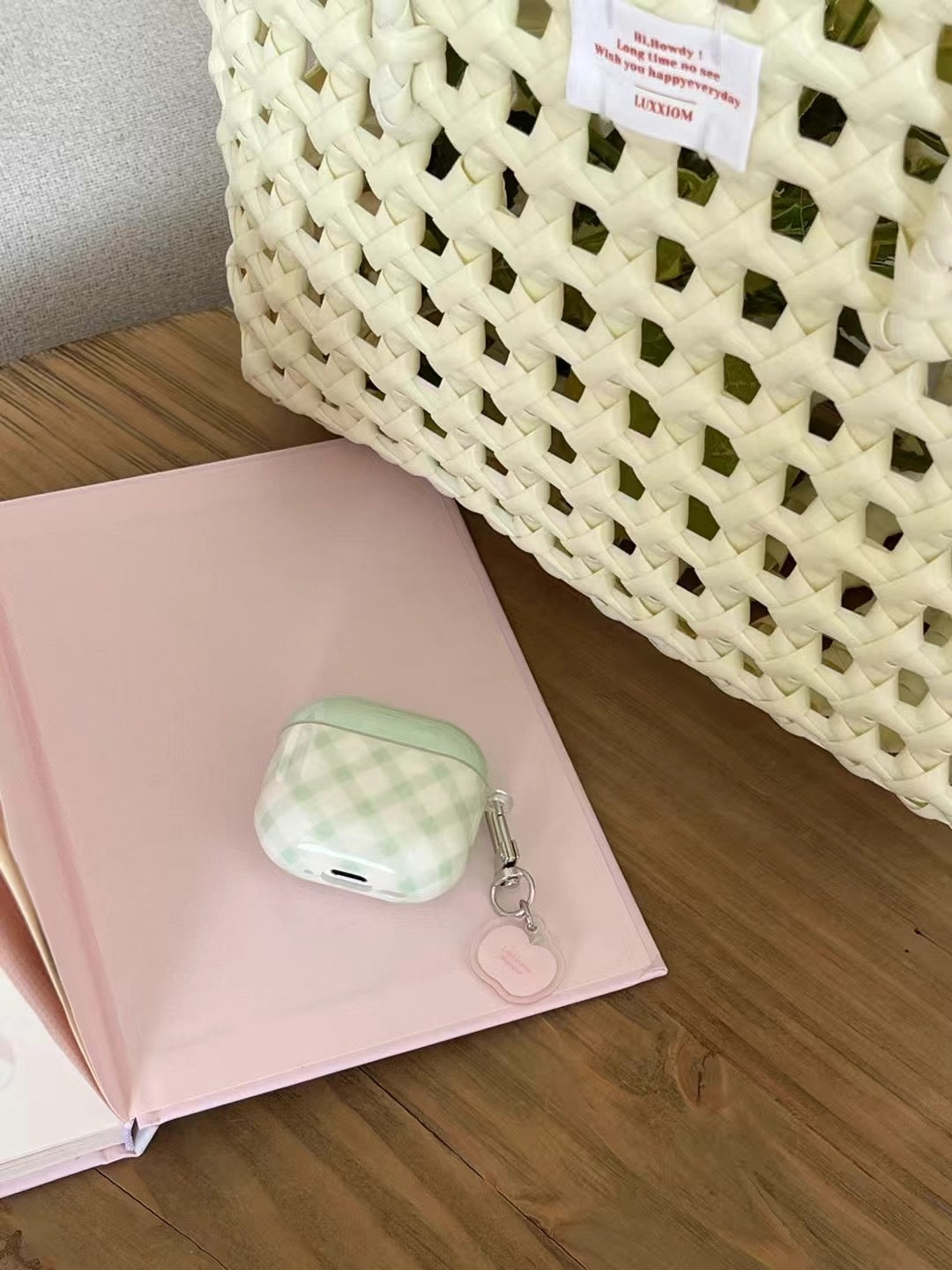 Skorter | Green Gingham AirPods Case – Cute Pastel Checkered AirPods Case with Charm