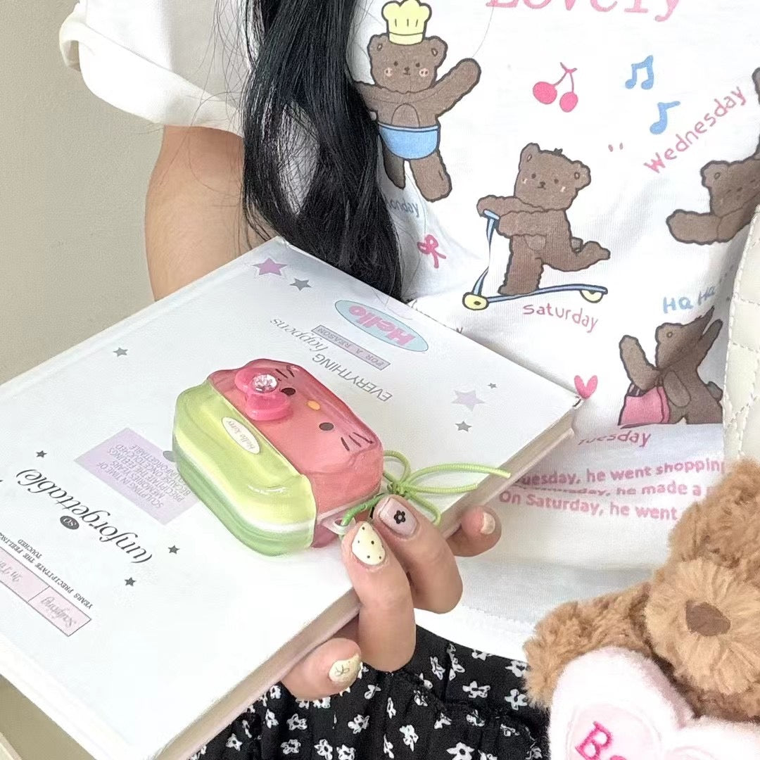 Skorter | Cute Kitty AirPods case and shiny pink & green with bow pendant