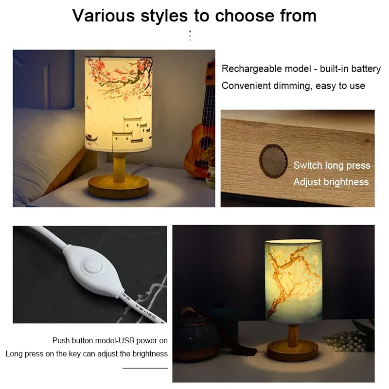 Skorter | Dimmable LED bedside lamp with fabric shade in plum blossom – Perfect bedroom night lamp