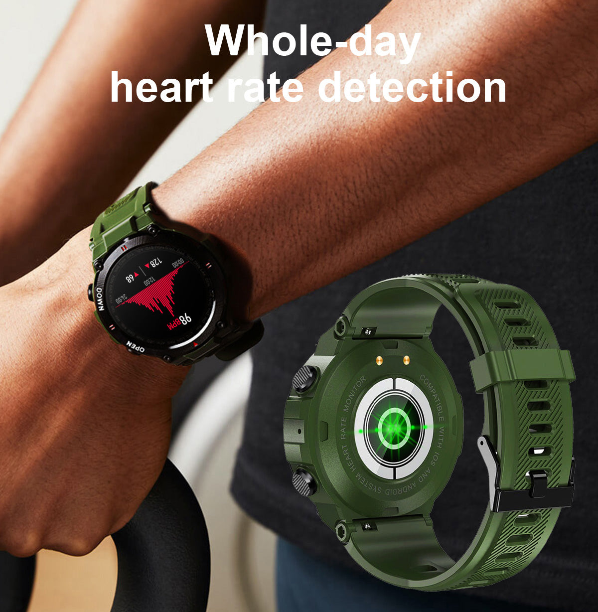 Smart Watch Outdoor Waterproof Sports Watch 1.28'' Multiple Sport Modes for Android iPhones Black/Green/Gray
