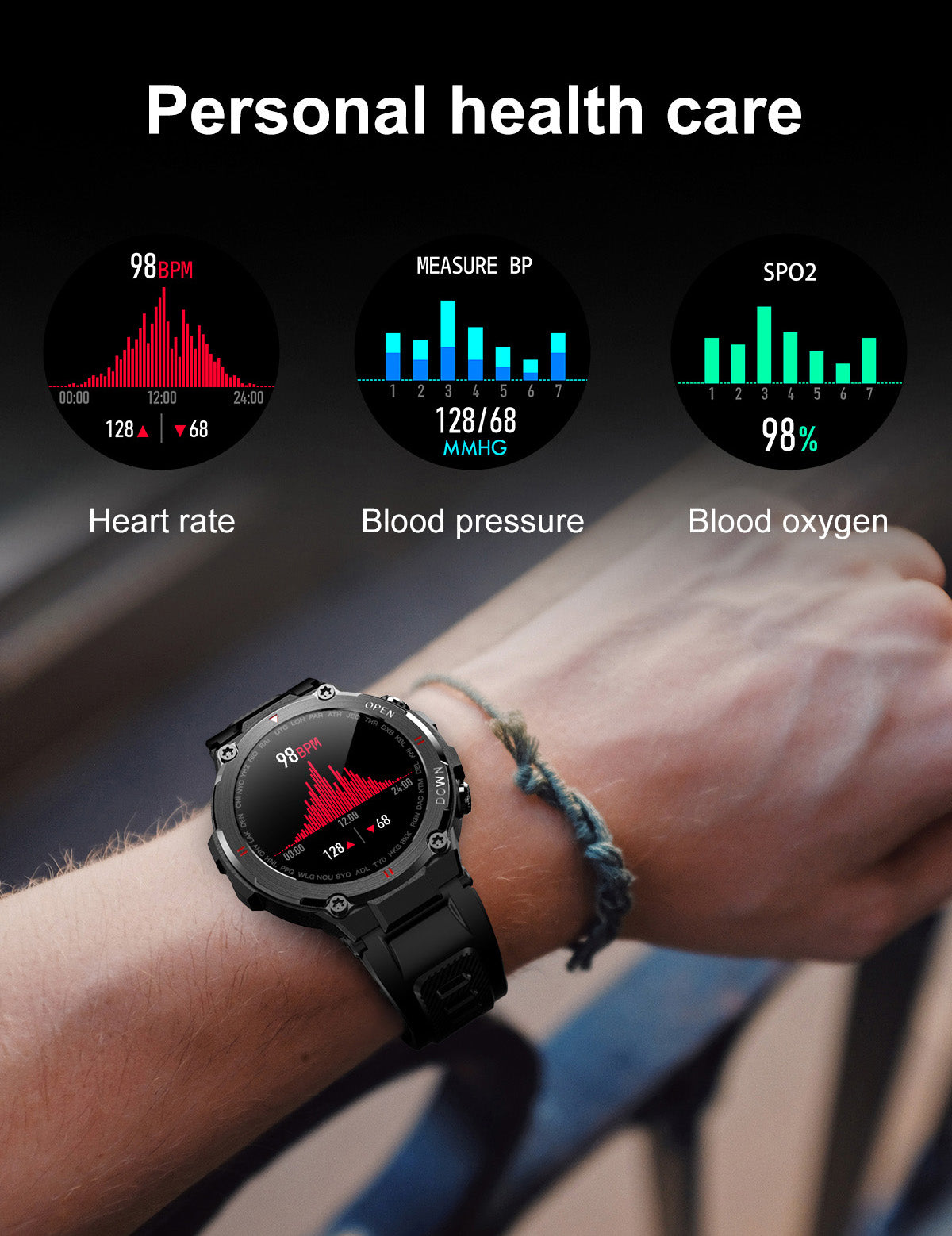 Smart Watch Outdoor Waterproof Sports Watch 1.28'' Multiple Sport Modes for Android iPhones Black/Green/Gray
