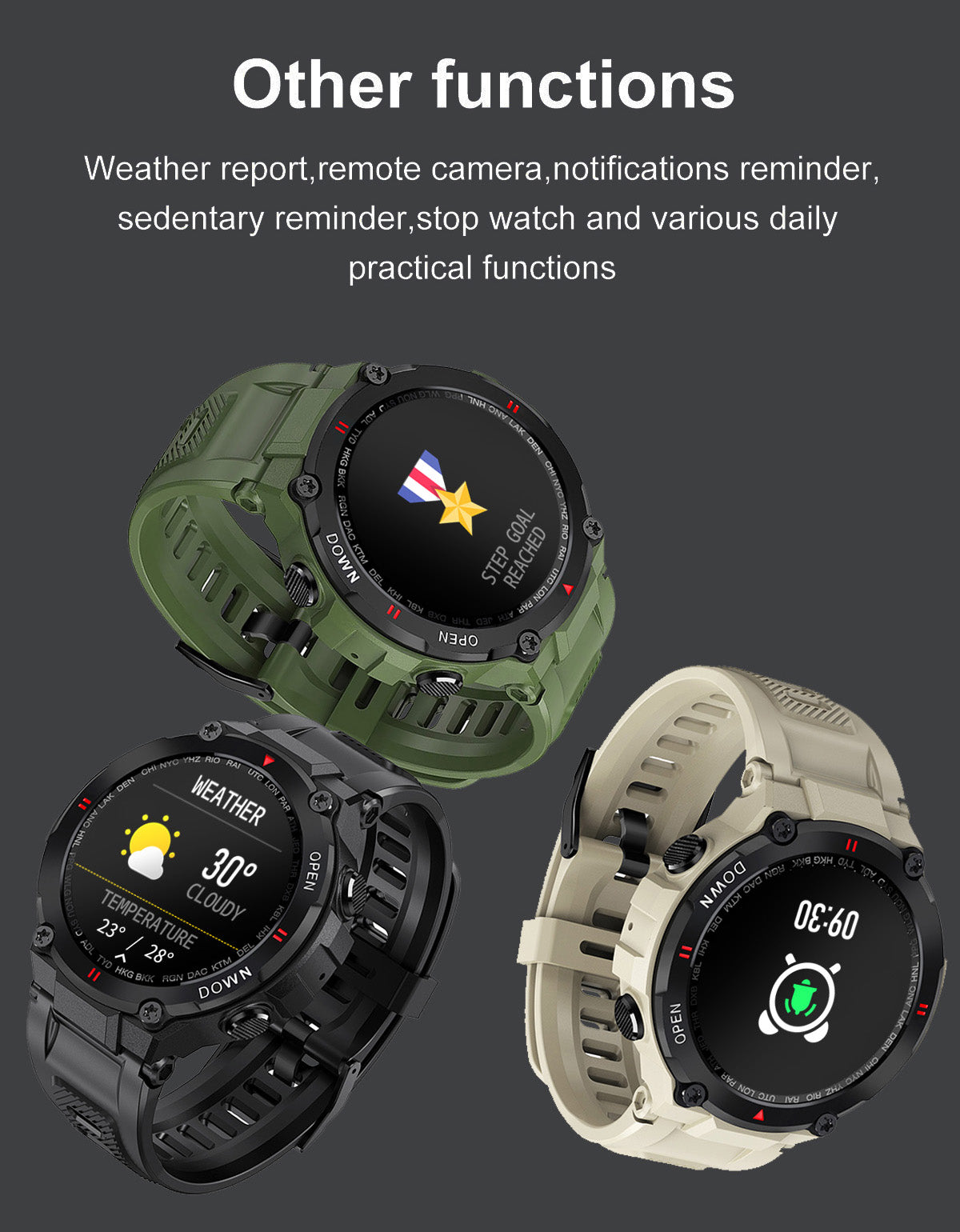 Smart Watch Outdoor Waterproof Sports Watch 1.28'' Multiple Sport Modes for Android iPhones Black/Green/Gray