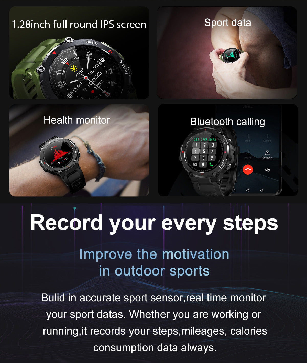 Smart Watch Outdoor Waterproof Sports Watch 1.28'' Multiple Sport Modes for Android iPhones Black/Green/Gray