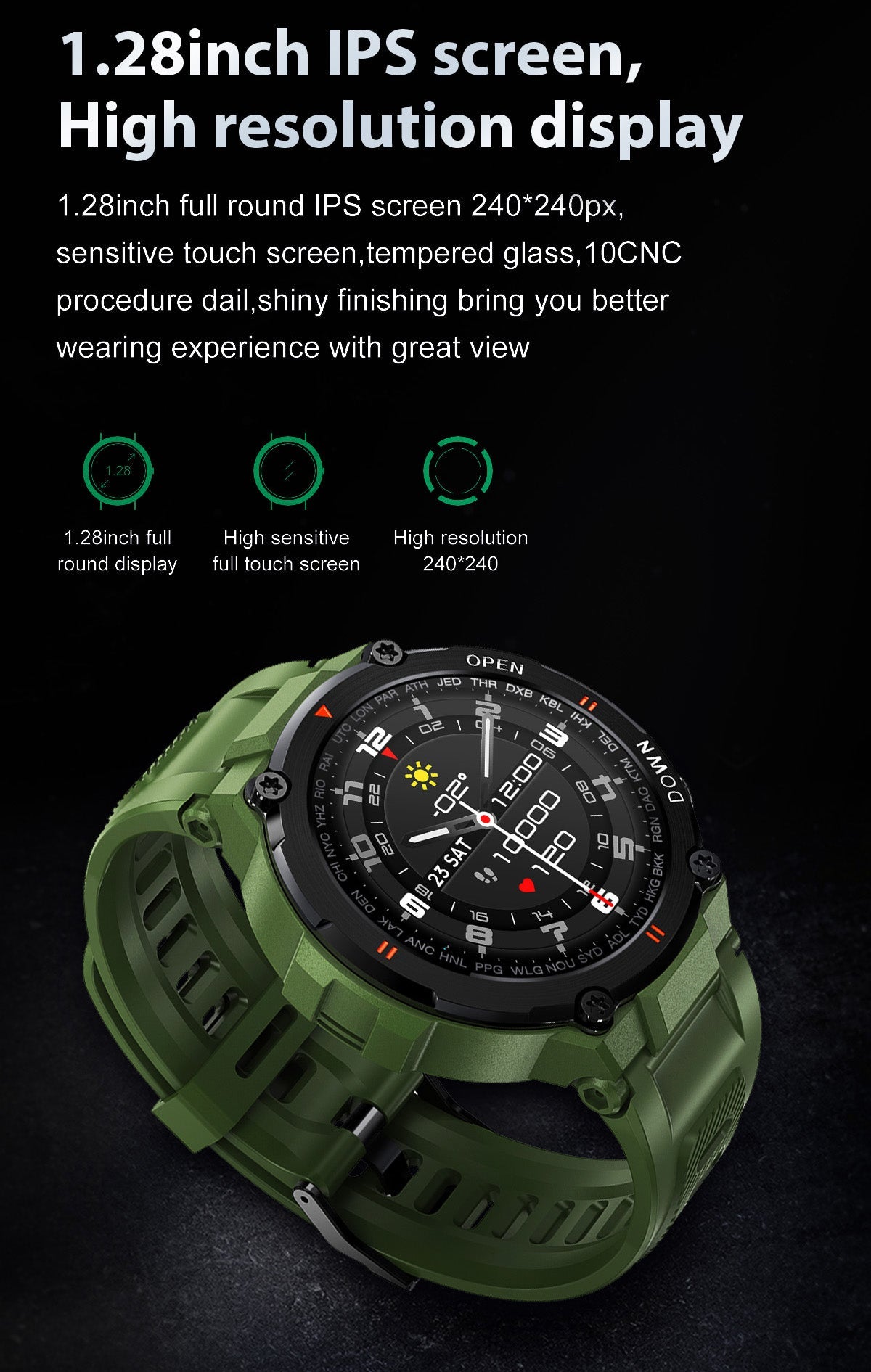 Smart Watch Outdoor Waterproof Sports Watch 1.28'' Multiple Sport Modes for Android iPhones Black/Green/Gray