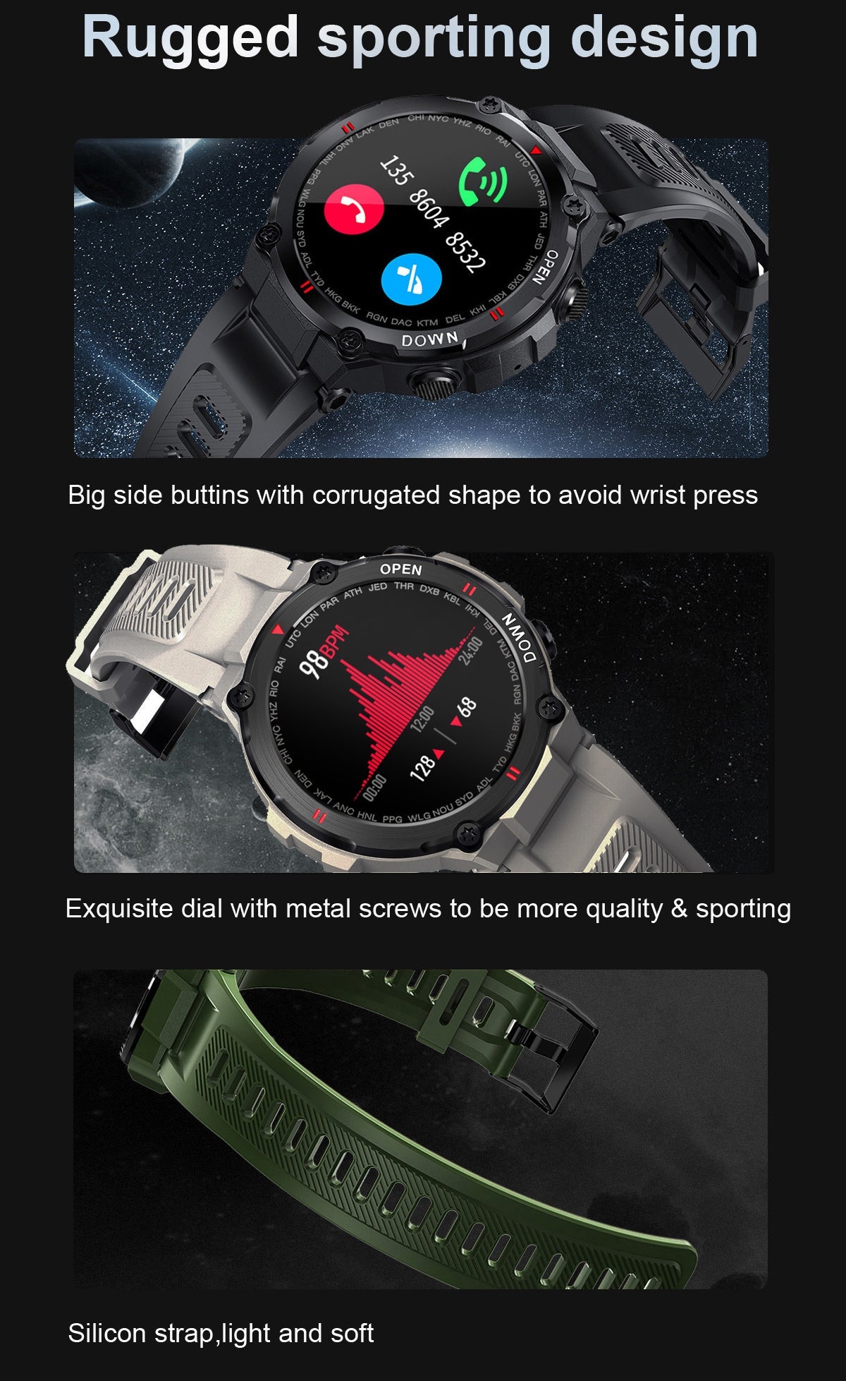 Smart Watch Outdoor Waterproof Sports Watch 1.28'' Multiple Sport Modes for Android iPhones Black/Green/Gray