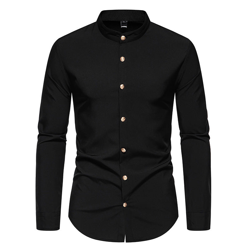 Men's long-sleeved shirt with modern standing collar and elegant button details Skorter