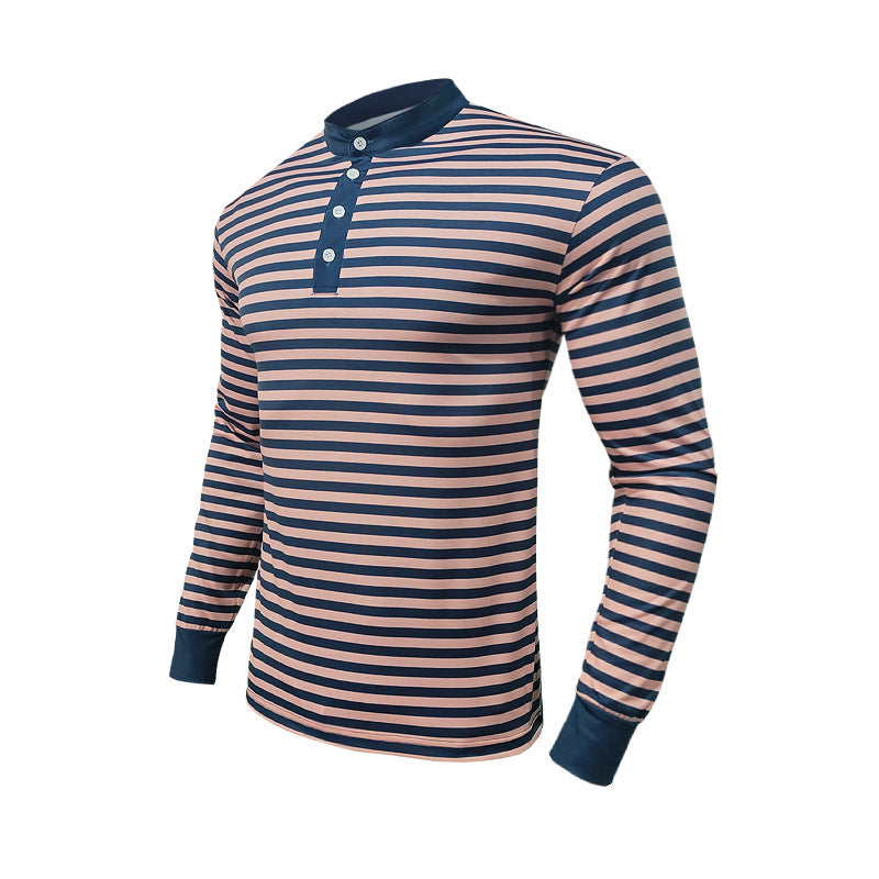 Men's Long Sleeve Shirt with Textured Striped Pattern and Sporty Collar Skorter