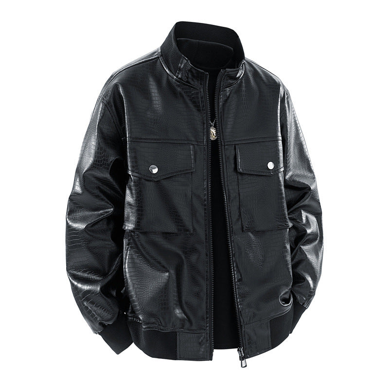 Men's Biker Jacket Made Of Faux Leather with Crocodile Embossing Skorter