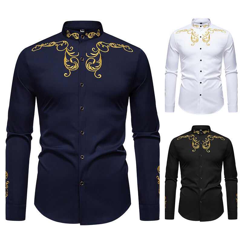 Men's Long Sleeve Shirt with Elegant Embroidery Design Skorter