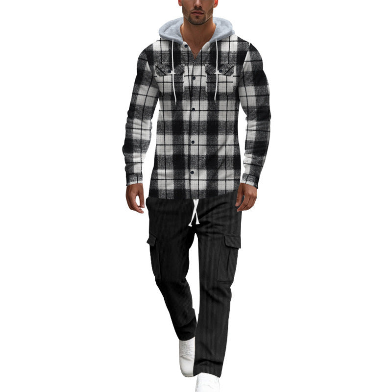 Men's plaid leisure shirt with hood and practical kangaroo pockets Skorter