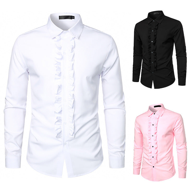 Men's Long Sleeve Shirt with Ruffle Decoration and Elegant Button Details Skorter