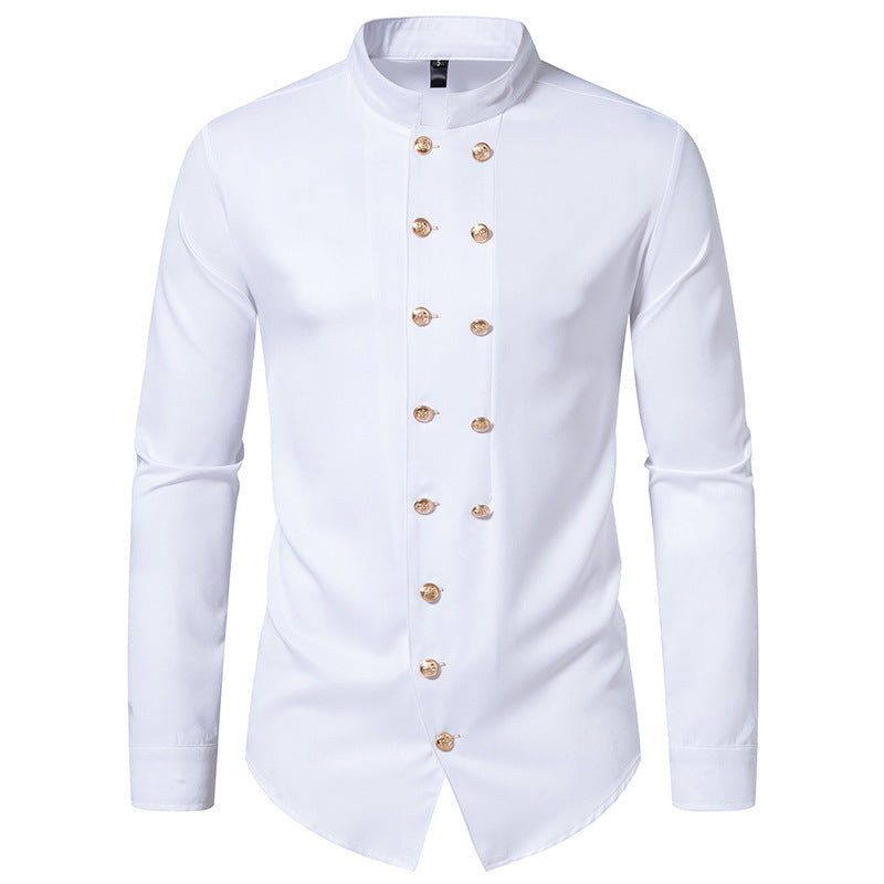Men's Long Sleeve Shirt with Traditional Stand Collar and Decorative Buttons Skorter