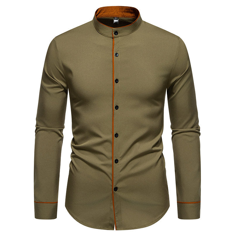 Men's long sleeve shirt with modern stand-up collar and embroidered detail Skorter