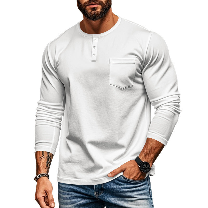 Men's long-sleeved Henley shirt with textured cotton surface and chest pocket Skorter