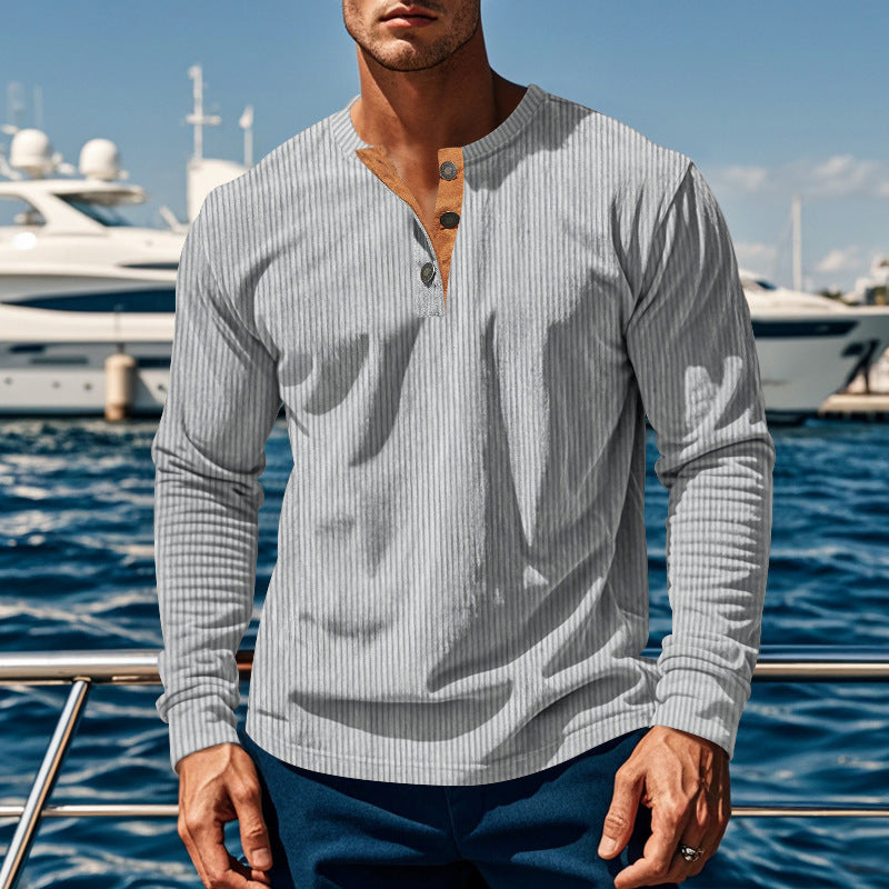 Men's long sleeve shirt with textured stand-up collar and practical button details Skorter