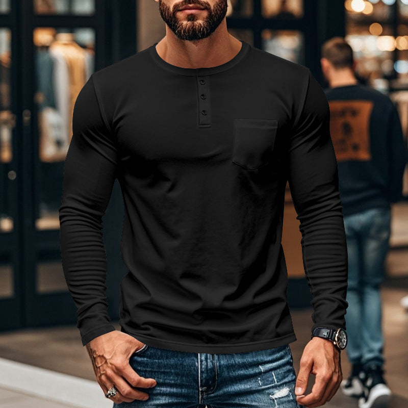 Men's long-sleeved Henley shirt with textured cotton surface and chest pocket Skorter