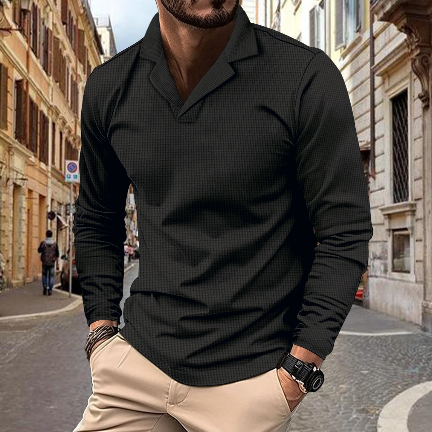 Men's casual long-sleeve shirt with structured design and modern stand-up collar Skorter