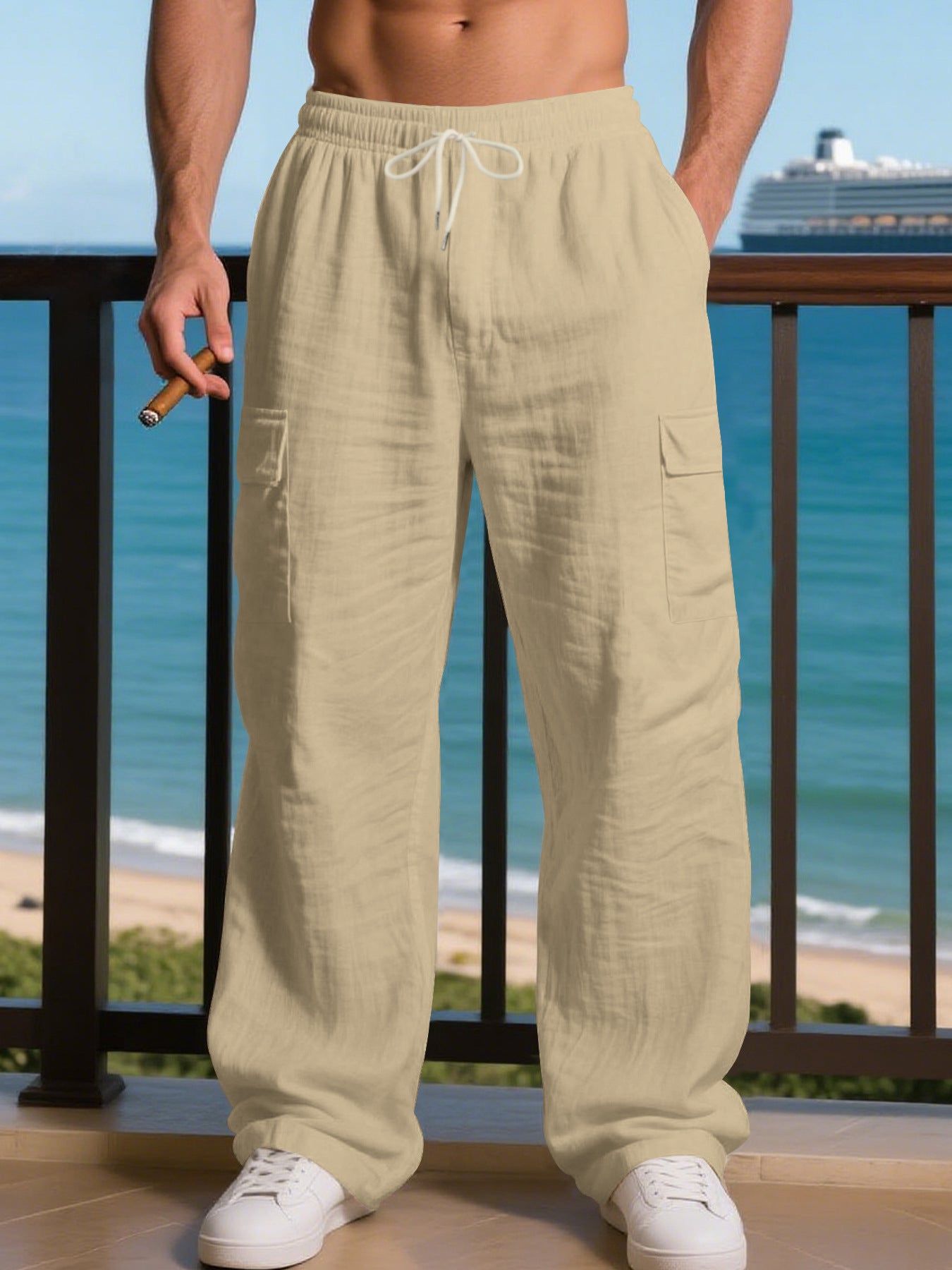 Men's relaxed cargo pants with elastic waistband and practical side pockets Skorter