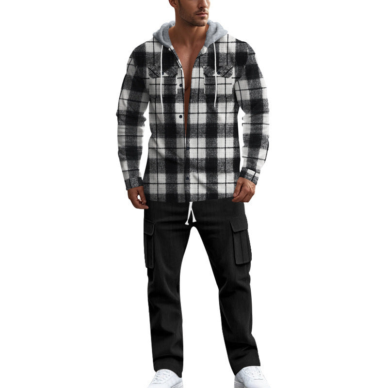 Men's plaid leisure shirt with hood and practical kangaroo pockets Skorter