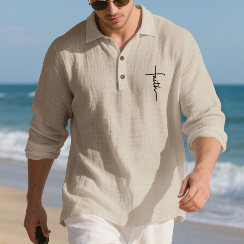 Men's long-sleeve polo shirt with textured fabric and stylish button placket Skorter