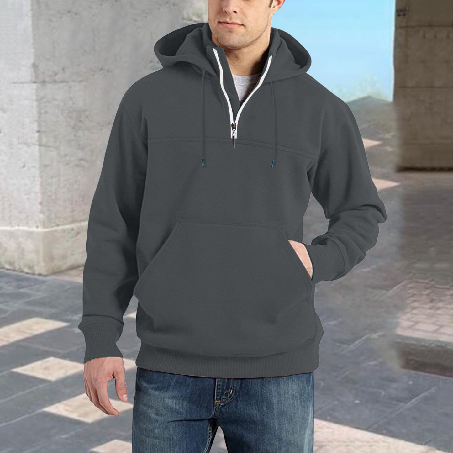 Men's stylish hoodie with half zipper and practical kangaroo pockets Skorter