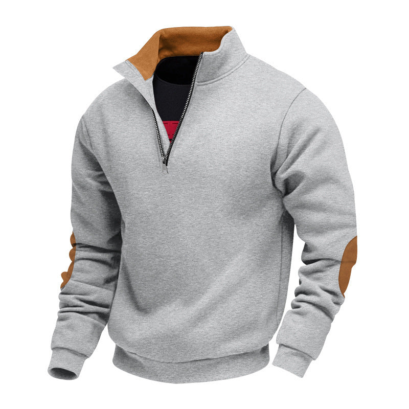 Men's Sporty Stand Collar Sweater with Zipper and Leather Accents Skorter