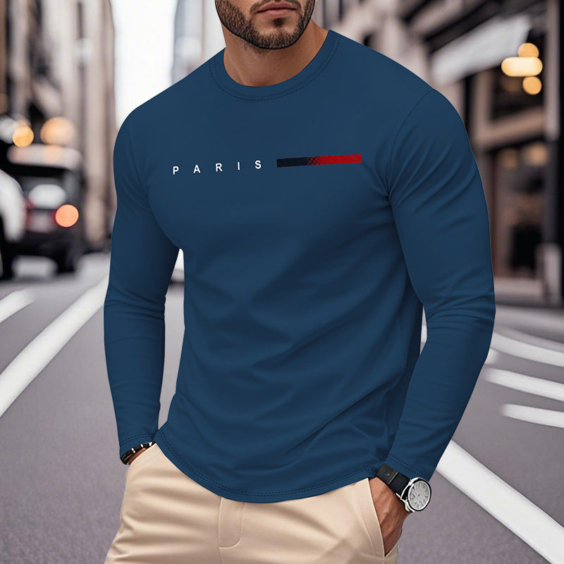 Men's Long Sleeve T-Shirt with Modern Paris Print and Elastic Hem Skorter