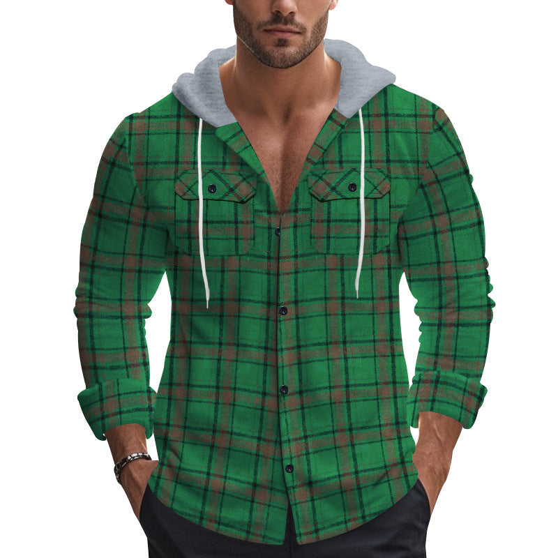 Men's Long Sleeve Shirt with Hoodie and Check Pattern Skorter