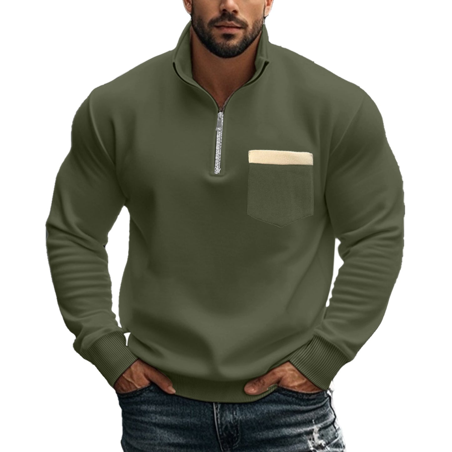 Men's sporty pullover with half zipper and contrast chest pocket Skorter