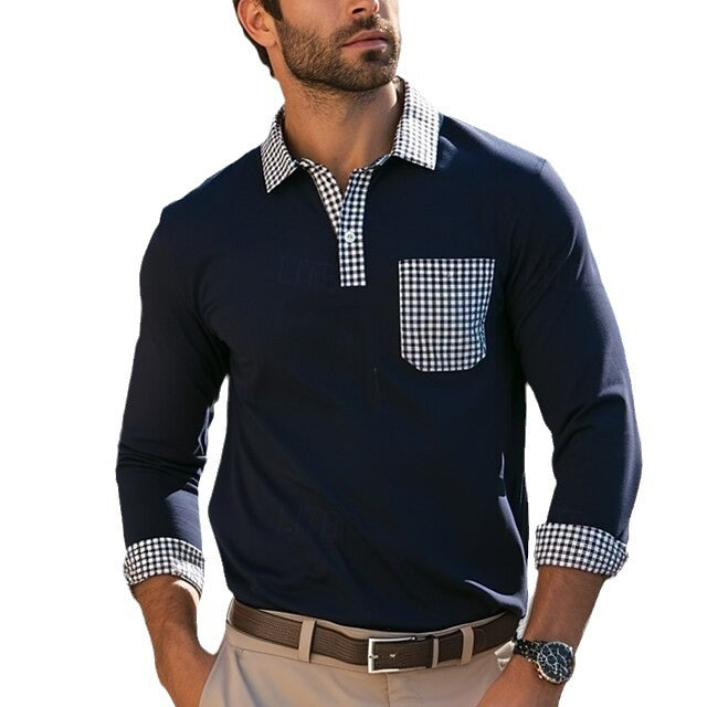 Men's long-sleeve shirt with checked collar and practical breast pocket Skorter