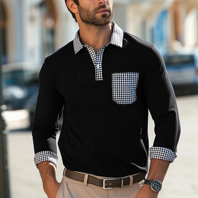 Men's long-sleeve shirt with checked collar and practical breast pocket Skorter