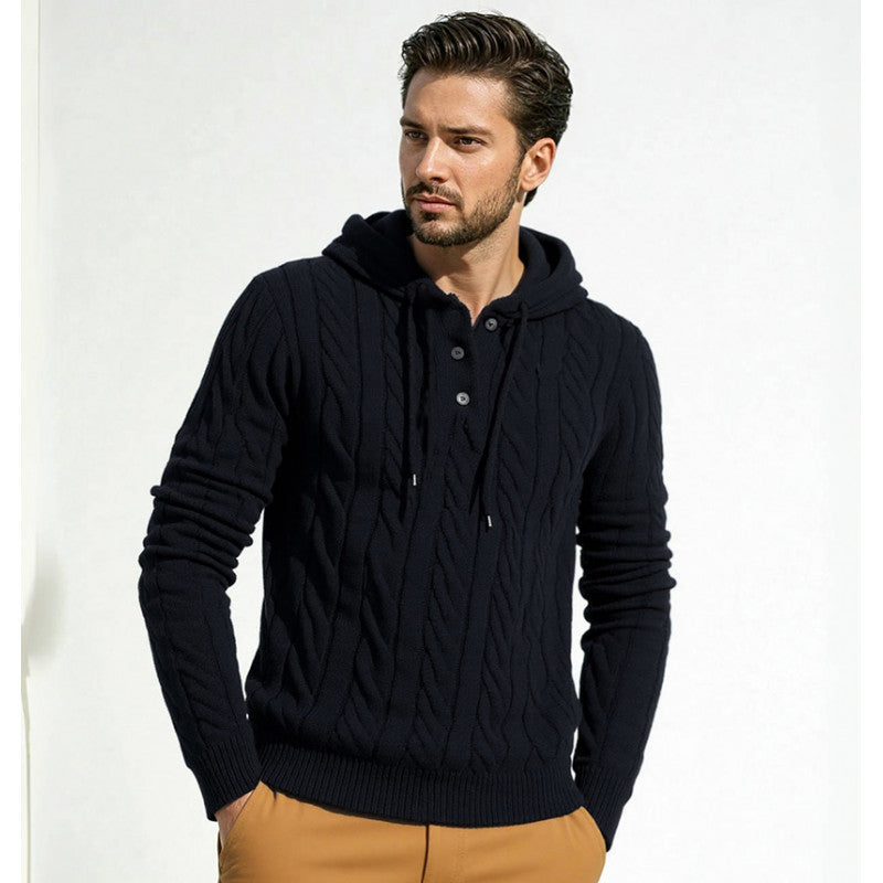 Men's stylish knit sweater with hood and button details Skorter
