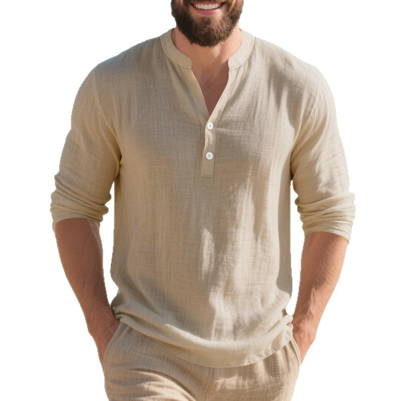Men's long-sleeve shirt with fashionable stand-up collar and elegant button details Skorter