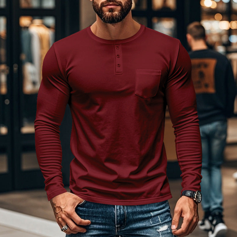 Men's long-sleeved Henley shirt with textured cotton surface and chest pocket Skorter
