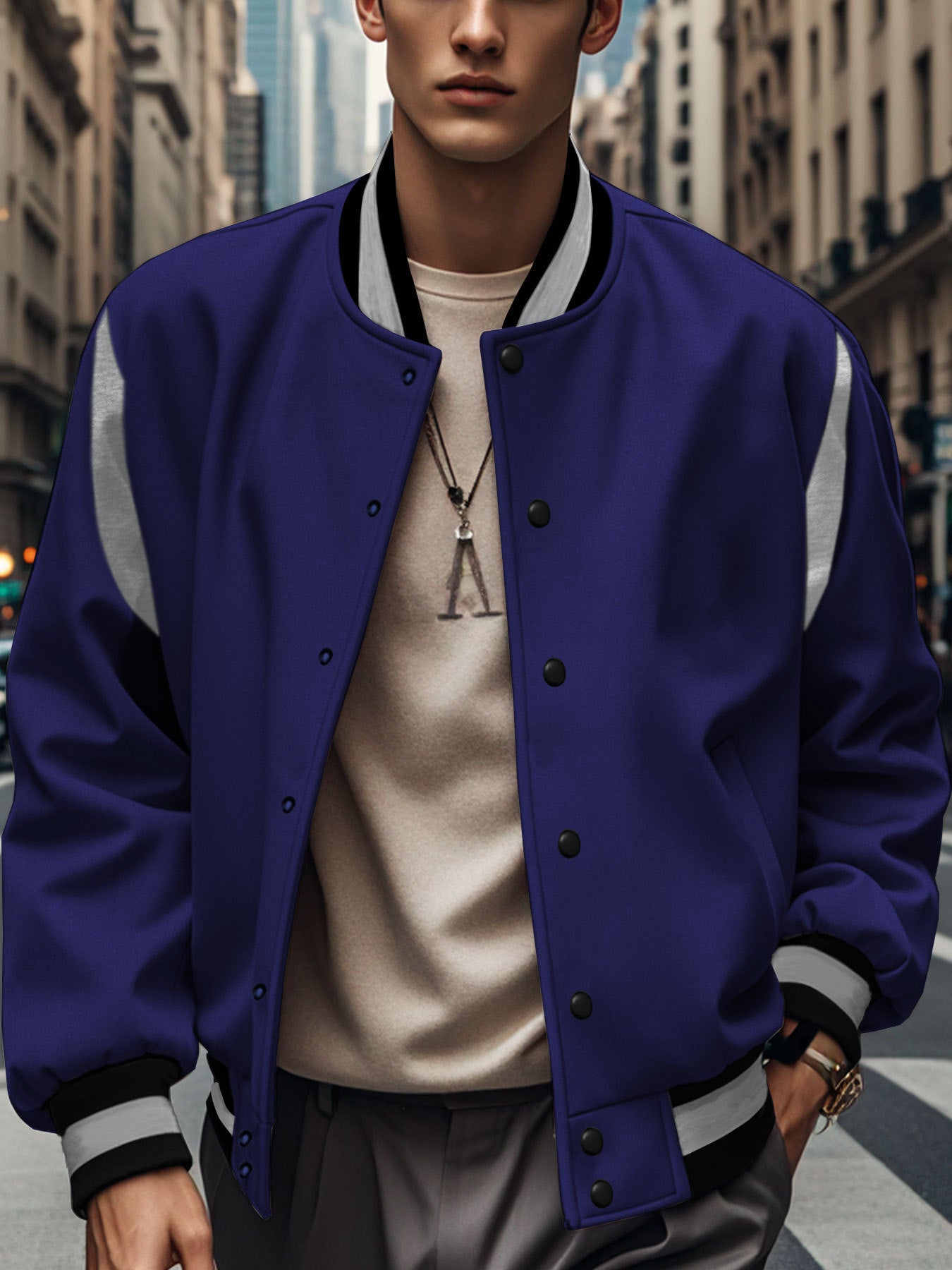 Men's Sporty Collegiate Jacket with Contrasting Sleeves and Button Details Skorter